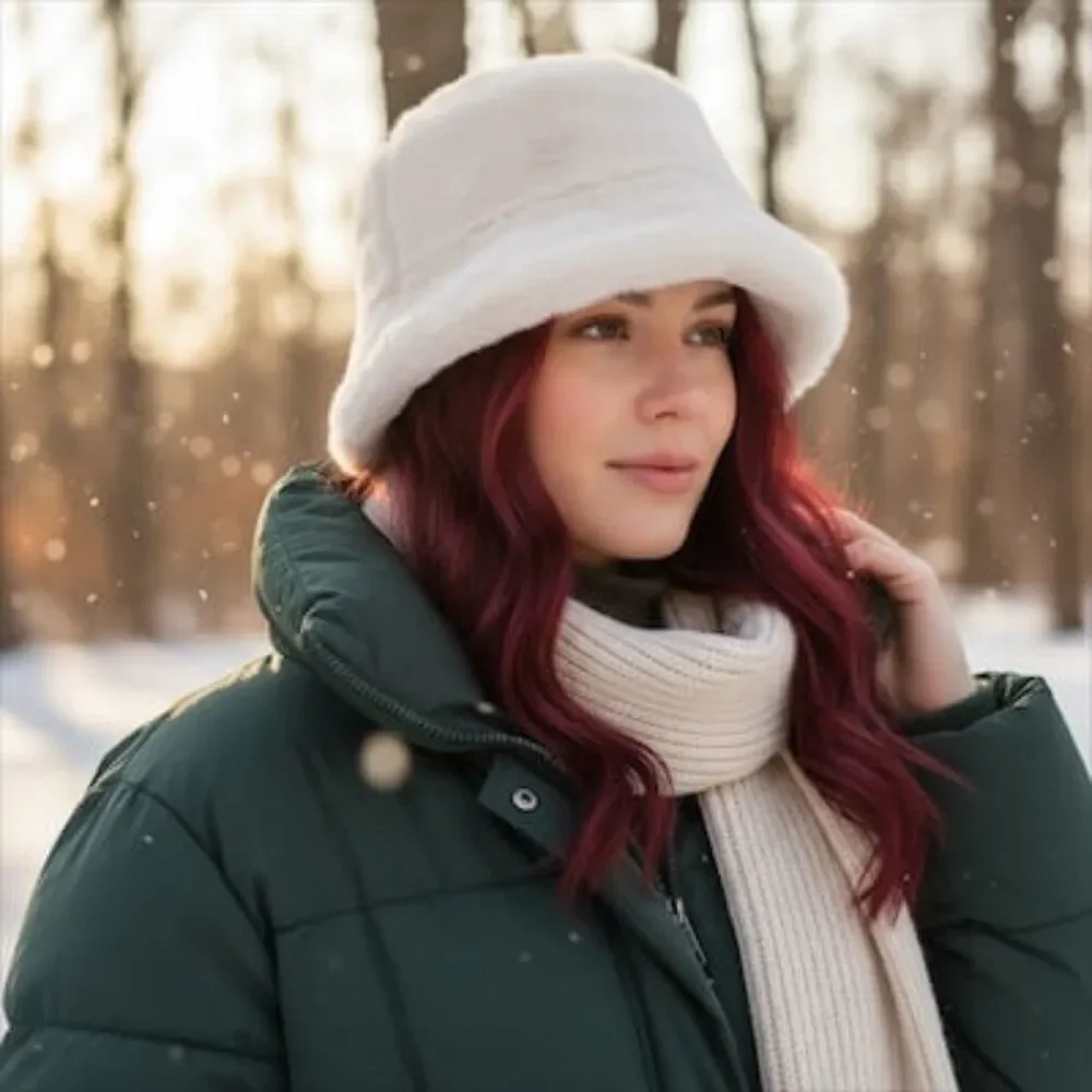 Women's Soft Faux Fur Winter Bucket Hat | Reversible 2-Way Style (White) NWT